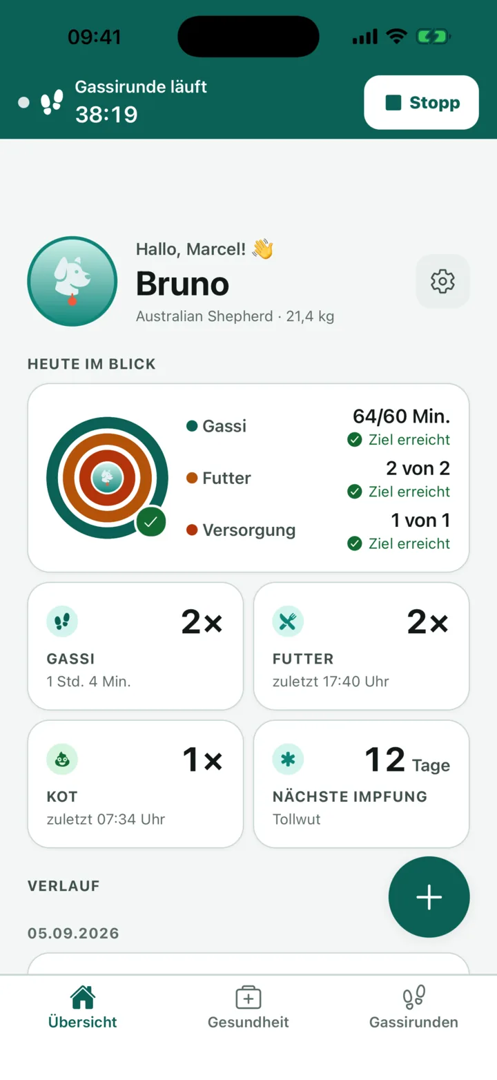 Startbildschirm der Hundeakte-App mit den Tagesringen für Gassi, Futter und Versorgung und der nächsten fälligen Impfung