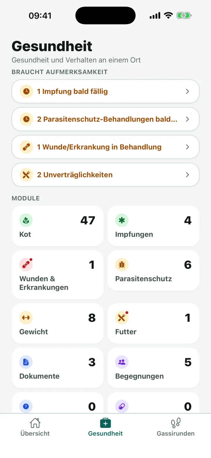 Gesundheitsübersicht in Hundeakte mit Hinweisen auf fällige Impfung, Parasitenschutz und Wunde in Behandlung