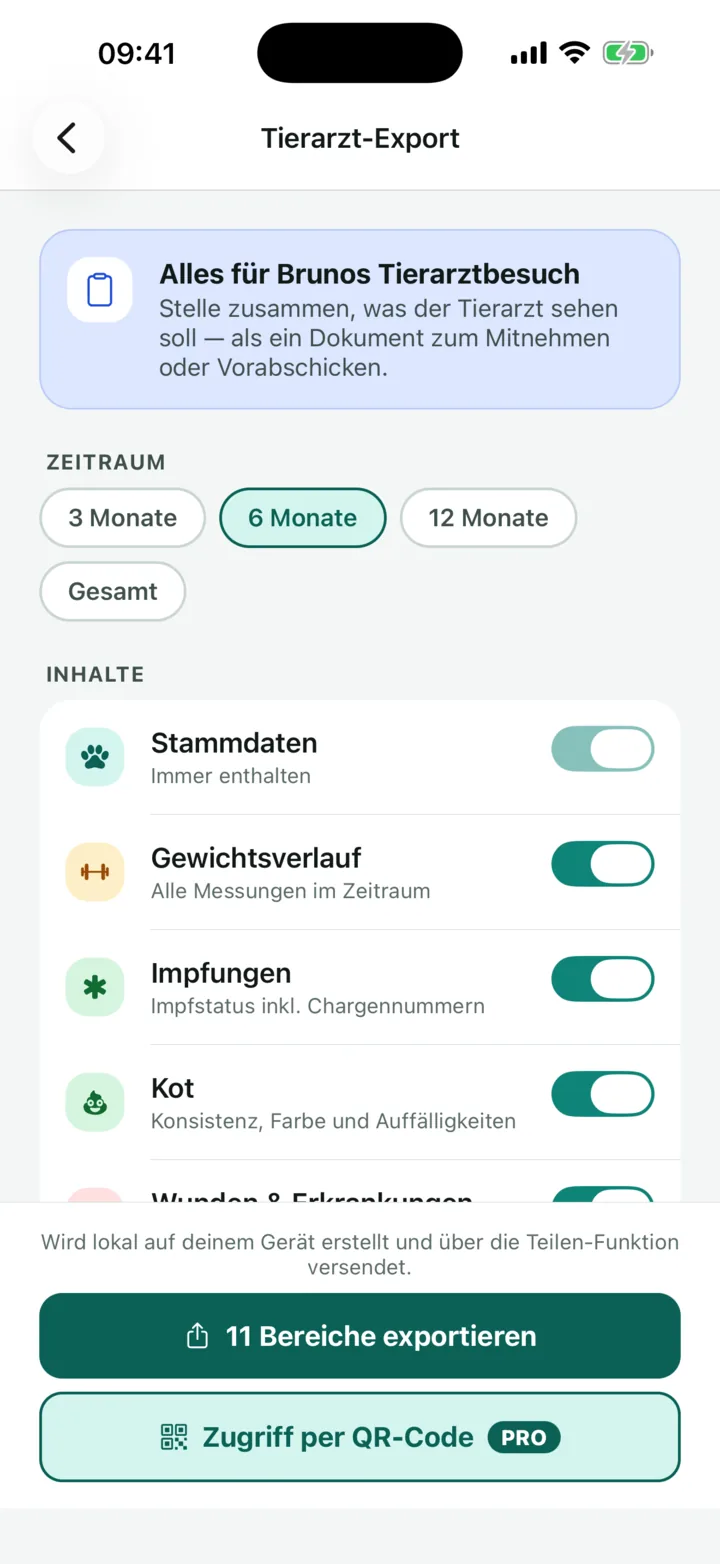 Tierarzt-Export in Hundeakte mit auswählbarem Zeitraum und Inhalten