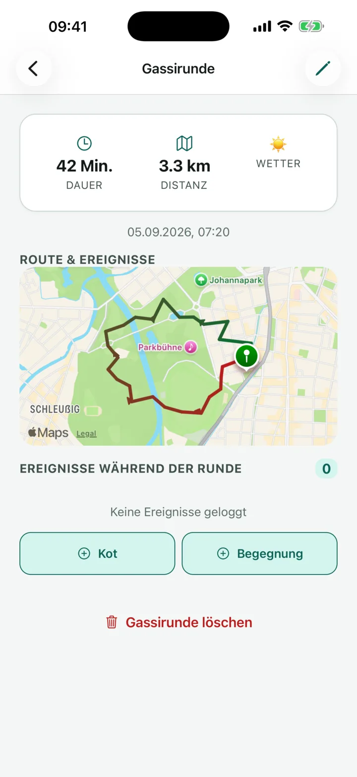 Details einer Gassirunde mit Dauer, Distanz und Route auf der Karte