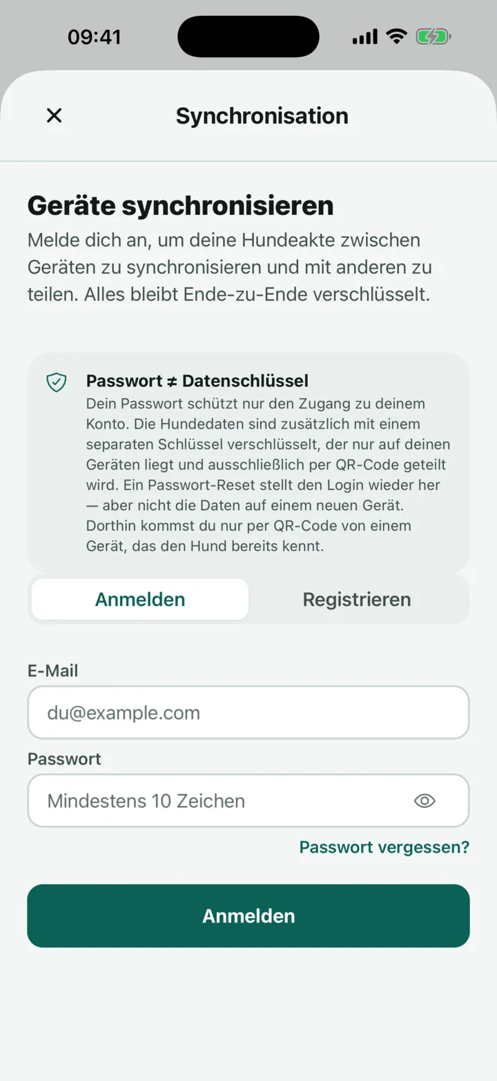 Sync-Bildschirm in Hundeakte mit der Erklärung, dass Passwort und Datenschlüssel getrennt sind